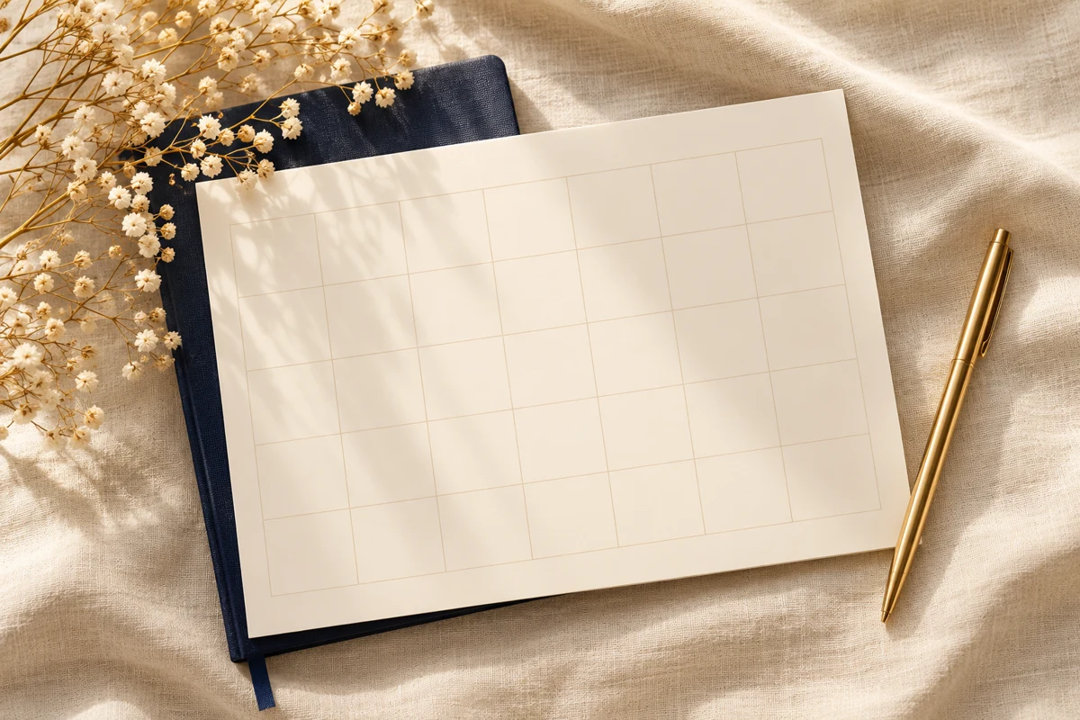 Leerer Kalender mit goldenem Stift auf hellem Leinen