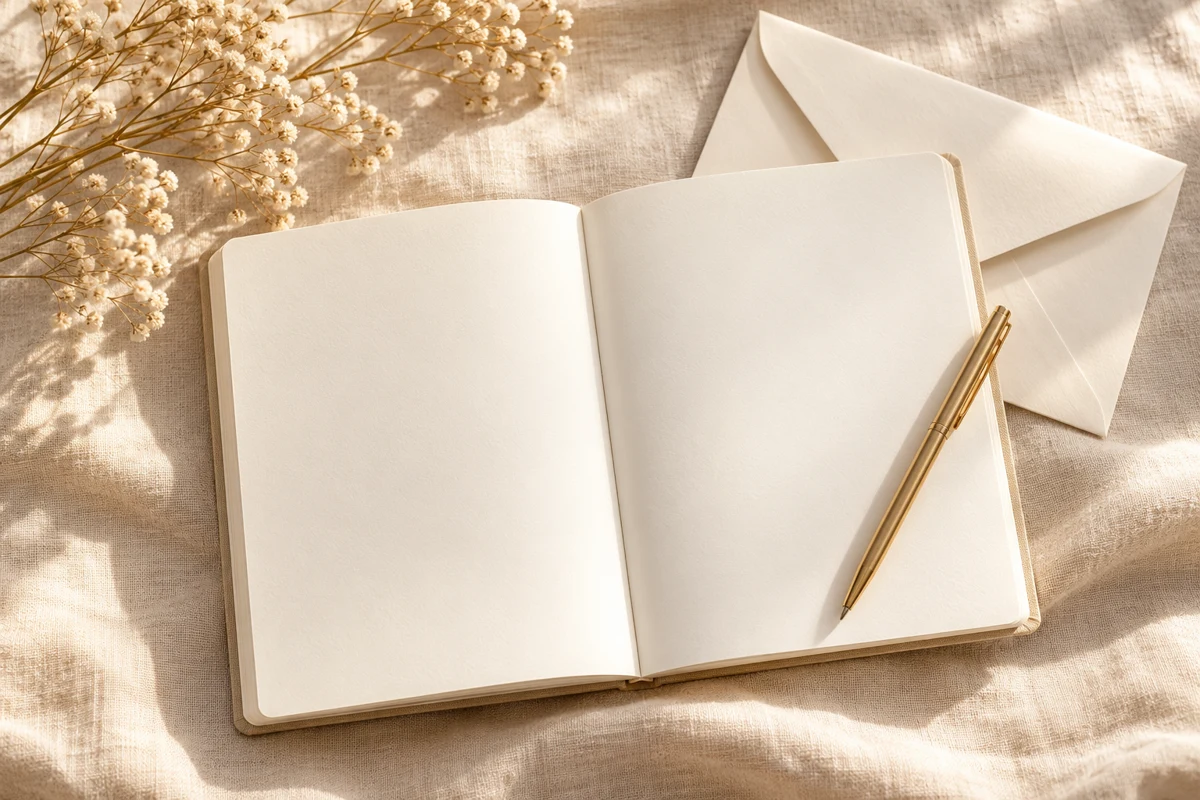 Geöffnetes Notizbuch mit Briefumschlag und goldenem Stift